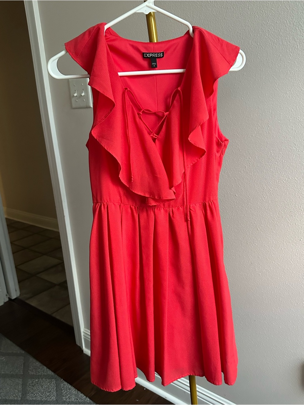 Express Coral Ruffle V-Neck Mini Dress